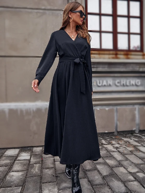 Plain Belted Long Sleeve V Neck Flared High Waist Long Dress