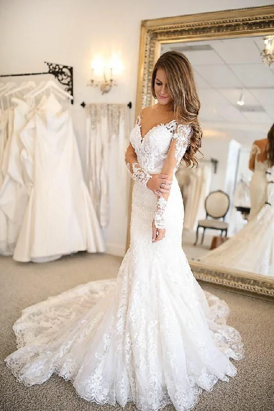 Plunging V-neckline Tulle Mermaid Wedding Dresses Lace Long Sleeves