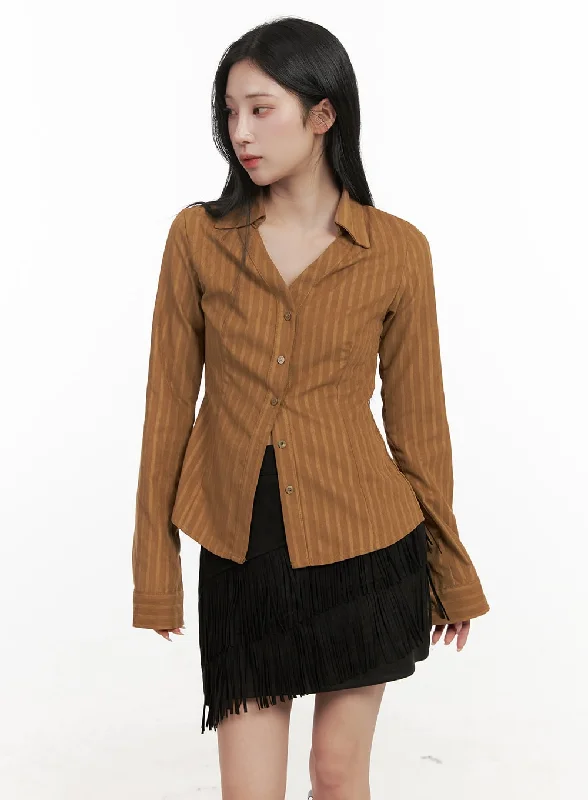 Striped Collared Buttoned Blouse CD409