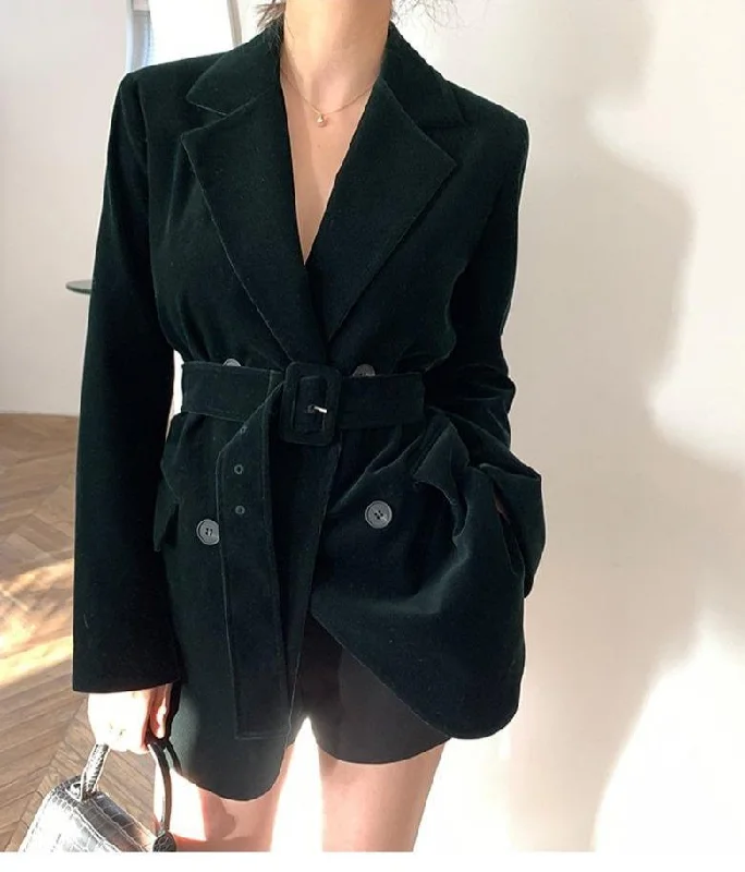 Lustrous Velvet Belted Oversized Women's Blazer