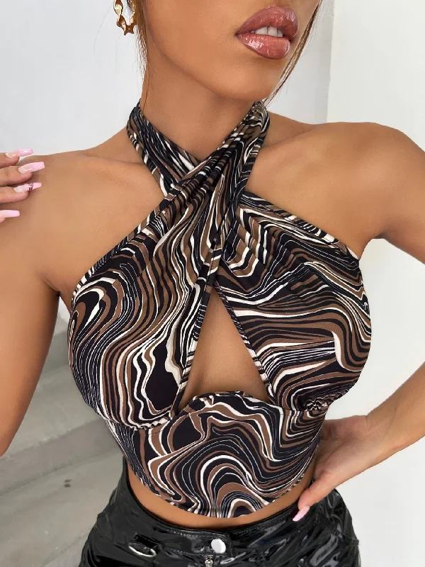 Sexy All Over Print Wrap Halter Crop Women Tank Top & Cami